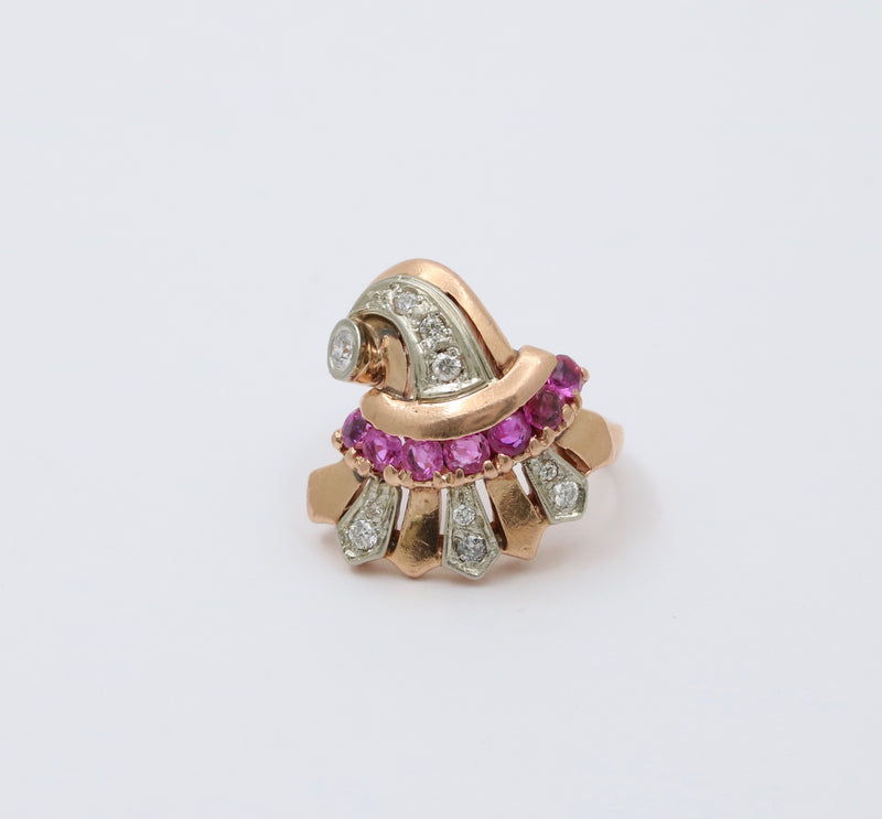 Retro 14K Gold, Diamond and Ruby Cornucopia, Fan Ring