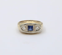 Art Deco Three Stone Diamond and Sapphire 14K Gold Sapphire Ring