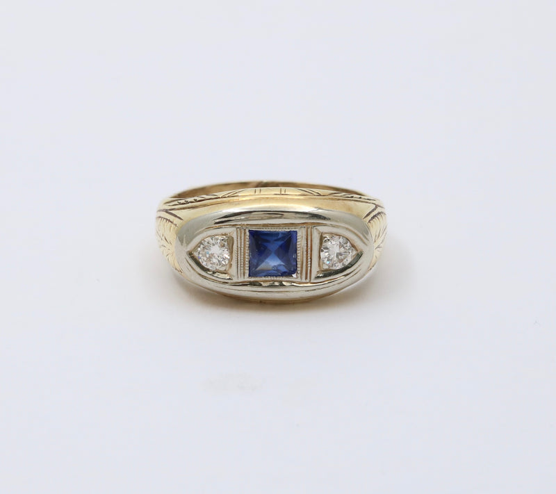 Art Deco Three Stone Diamond and Sapphire 14K Gold Sapphire Ring