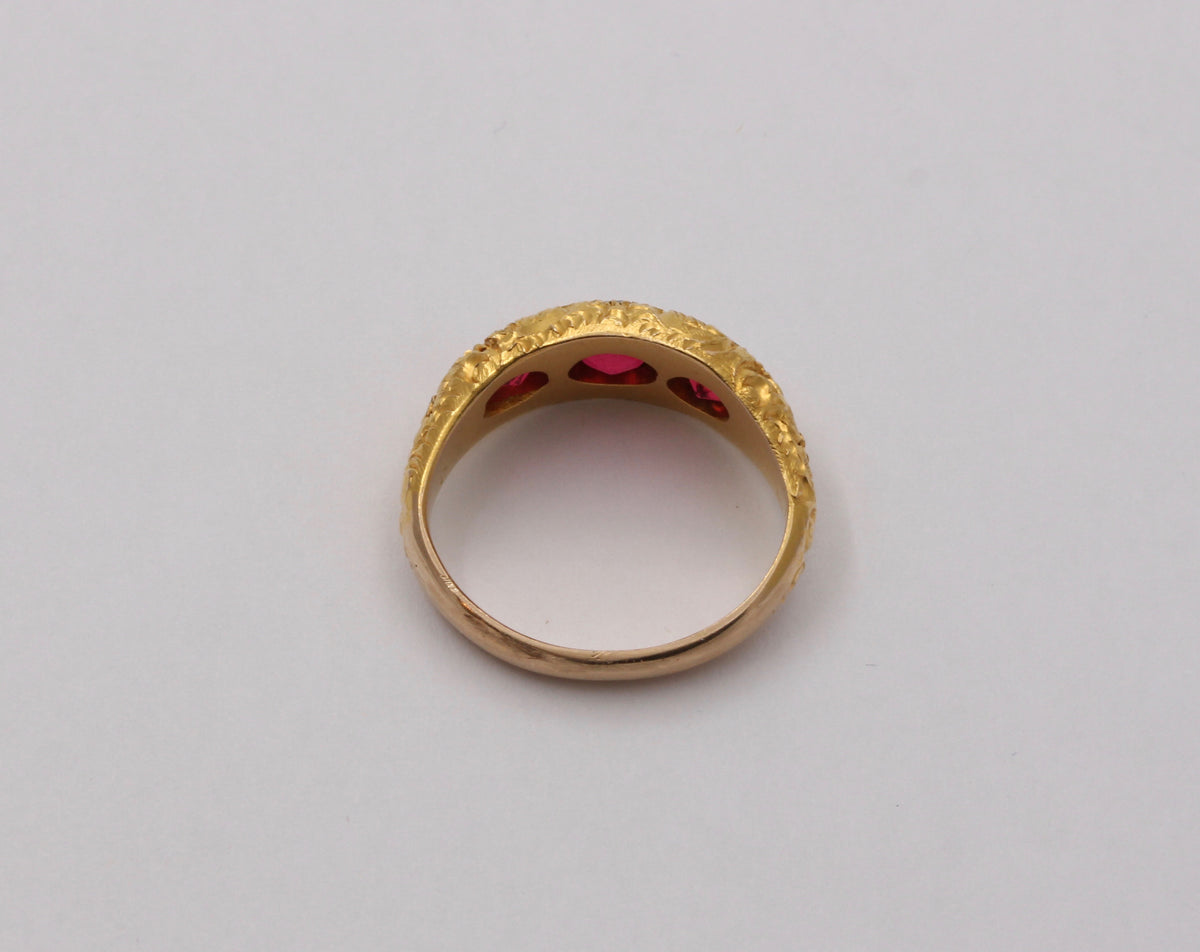 Victorian 14K Gold and Three Stone Paste Heavily Chased Band, Stacking Ring