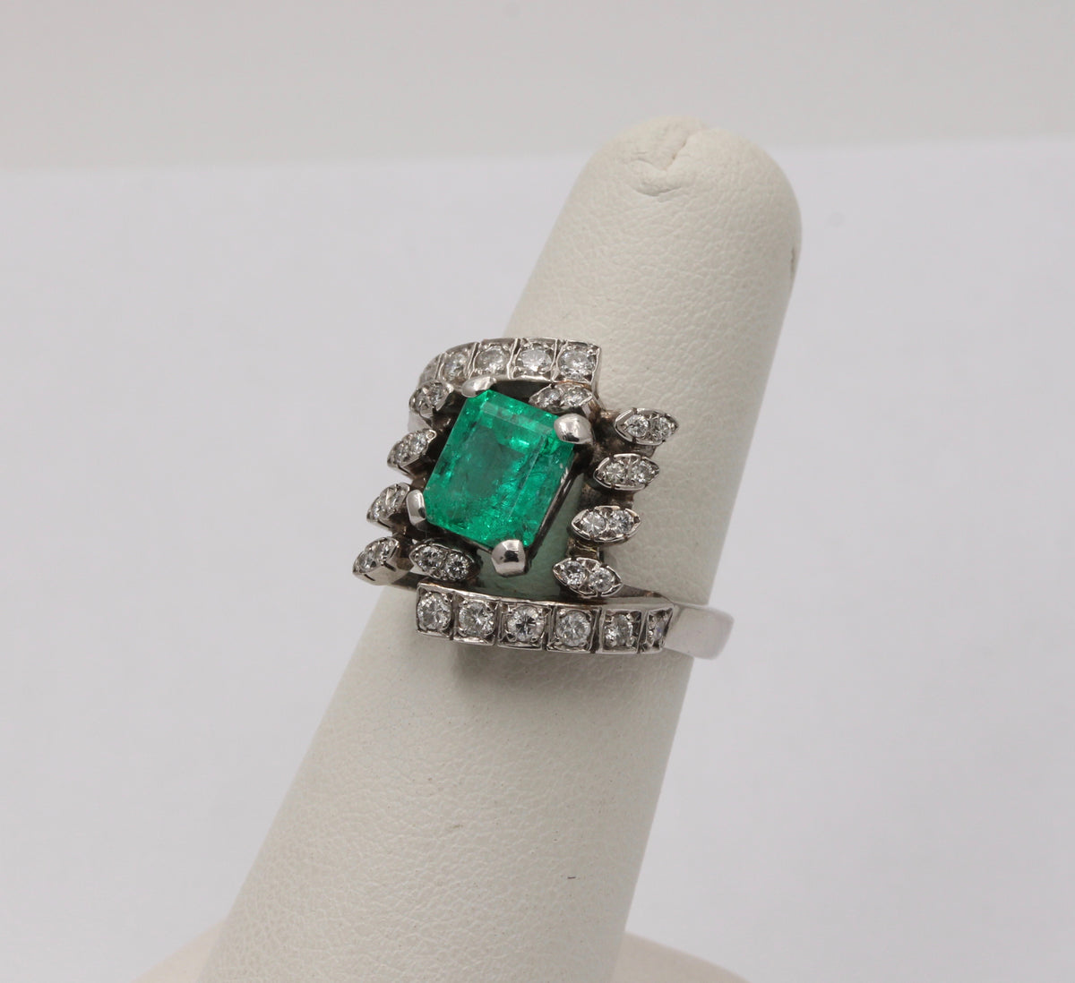 Mid Century Emerald and Diamond Platinum Bypass Style Cocktail Ring, Dinner Ring