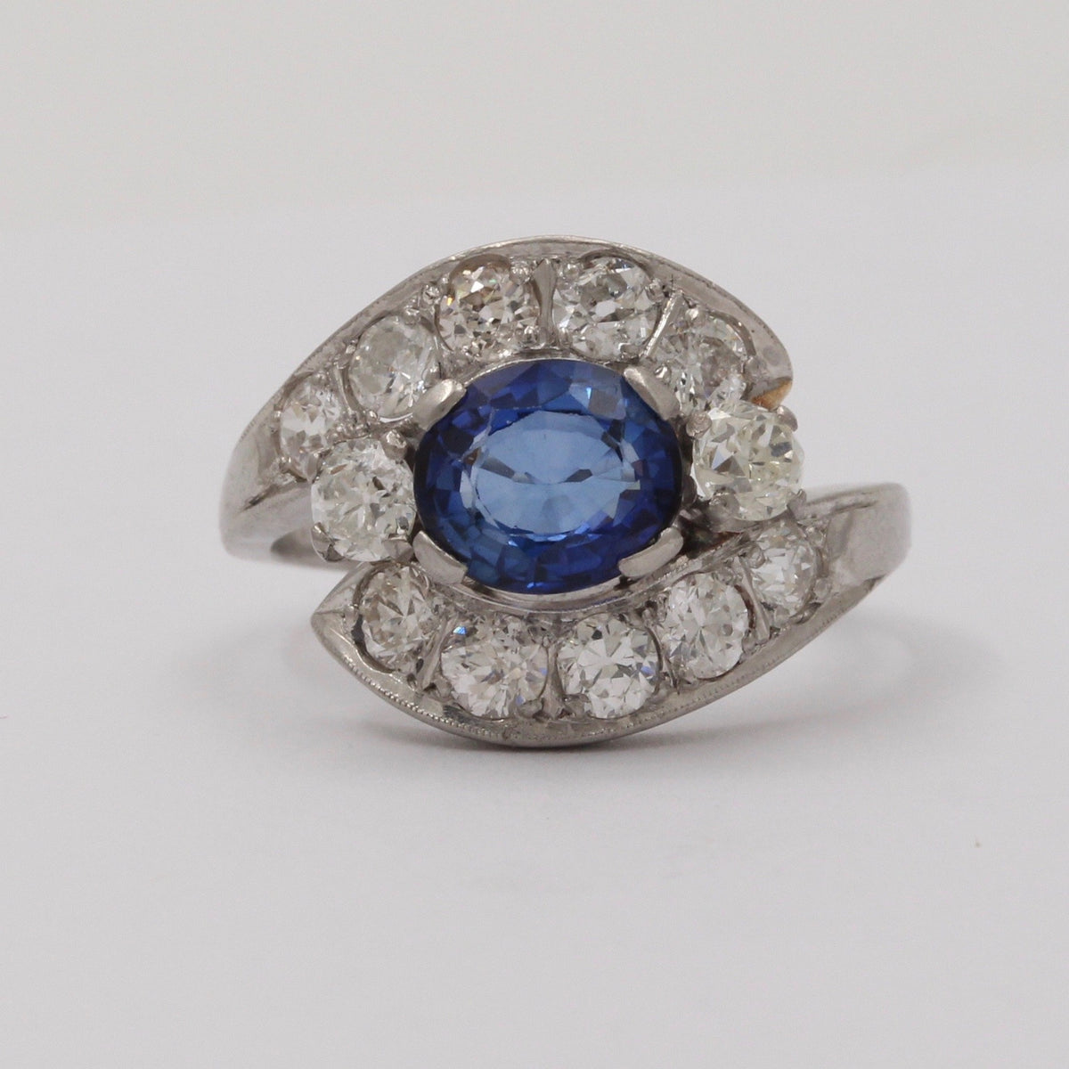 Vintage Platinum 1.6 Carat Sapphire and 1.7 Carat Diamond Bypass Ring, Alternative Engagement