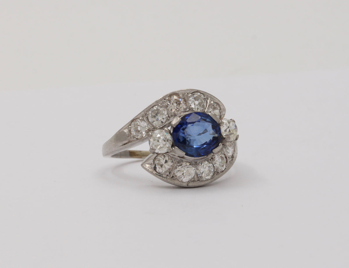 Vintage Platinum 1.6 Carat Sapphire and 1.7 Carat Diamond Bypass Ring, Alternative Engagement