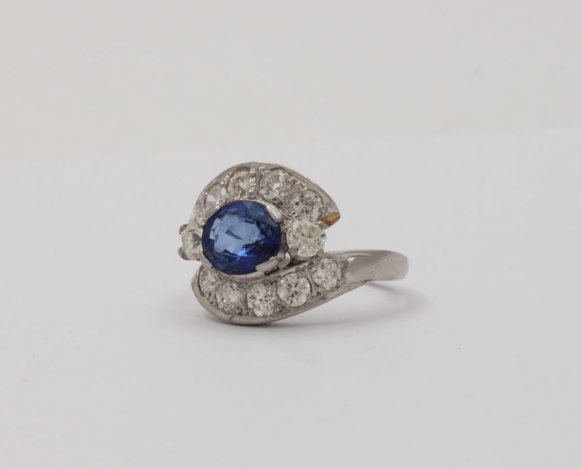 Vintage Platinum 1.6 Carat Sapphire and 1.7 Carat Diamond Bypass Ring, Alternative Engagement