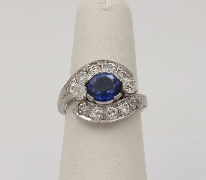 Vintage Platinum 1.6 Carat Sapphire and 1.7 Carat Diamond Bypass Ring, Alternative Engagement