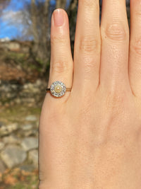 Art Deco Platinum and 14K Gold Pearl and Diamond Halo Ring