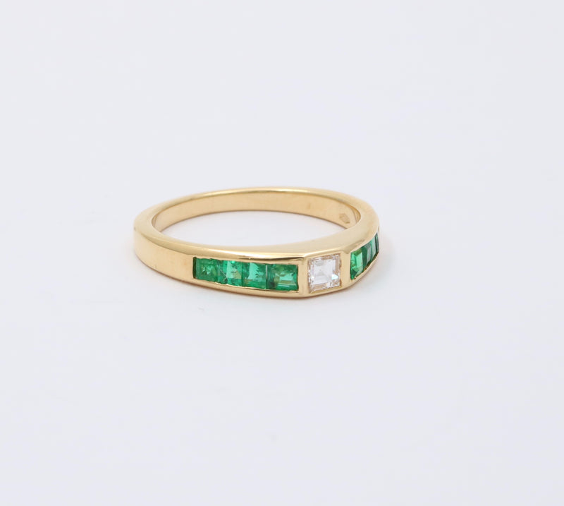 Carre Cut Diamond and Emerald 18K Gold Band, Stacking Ring