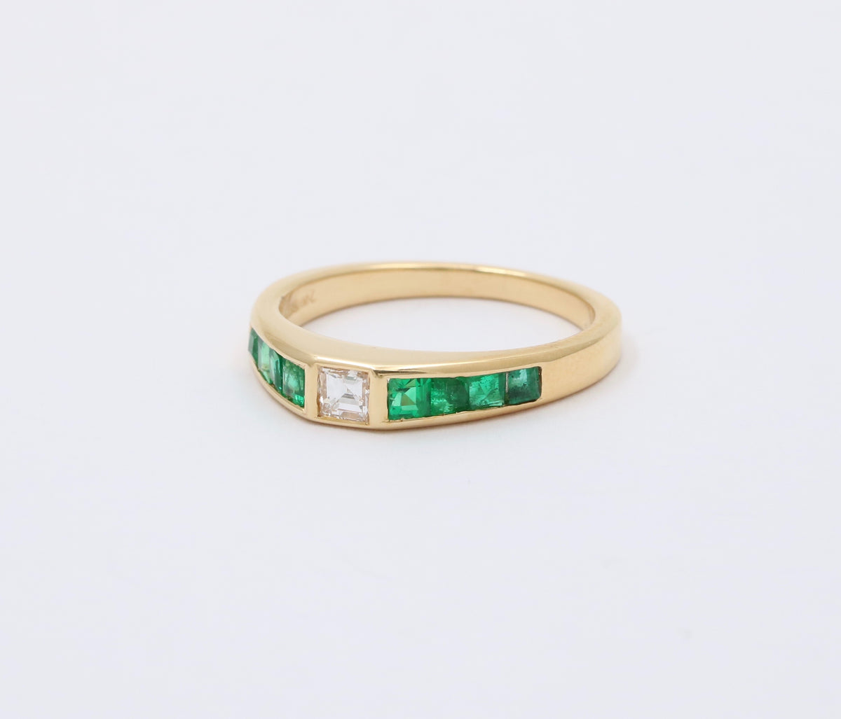 Carre Cut Diamond and Emerald 18K Gold Band, Stacking Ring