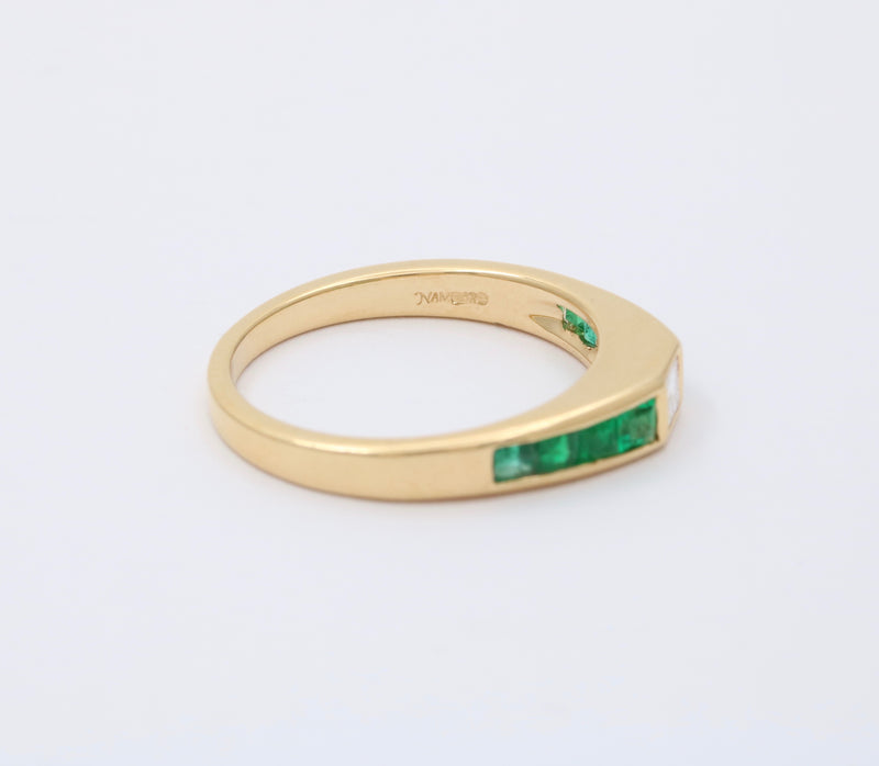 Carre Cut Diamond and Emerald 18K Gold Band, Stacking Ring