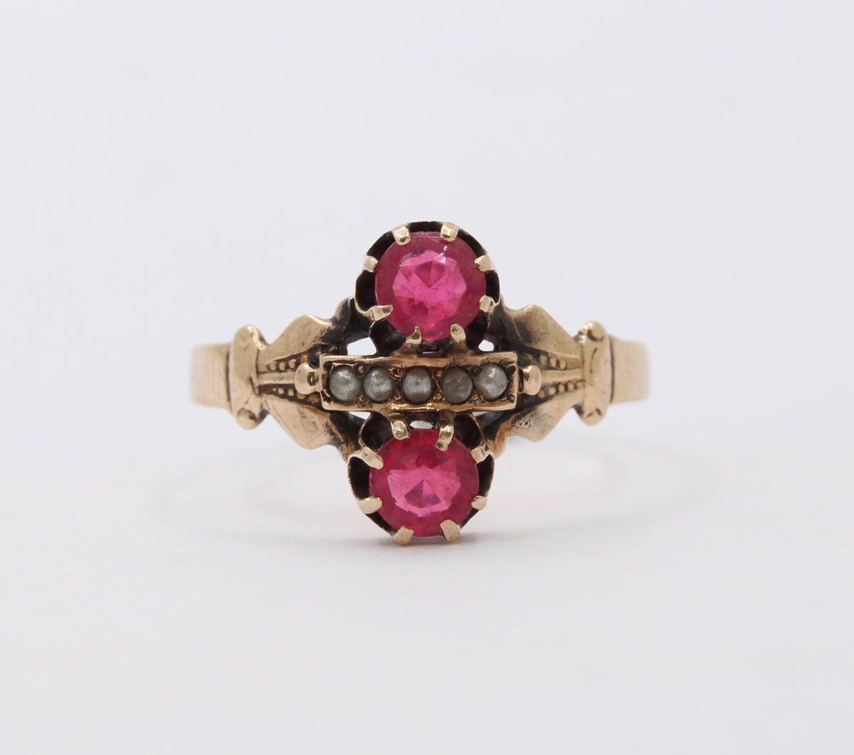 Victorian 14K Gold Pink Paste And Seed Pearl Ring - alpha-omega-jewelry