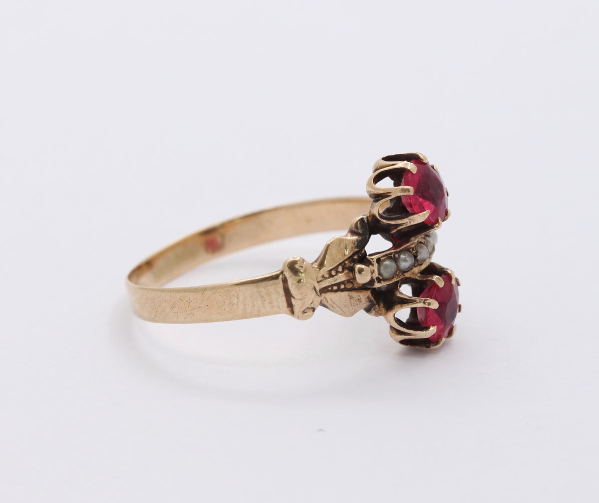 Victorian 14K Gold Pink Paste And Seed Pearl Ring - alpha-omega-jewelry