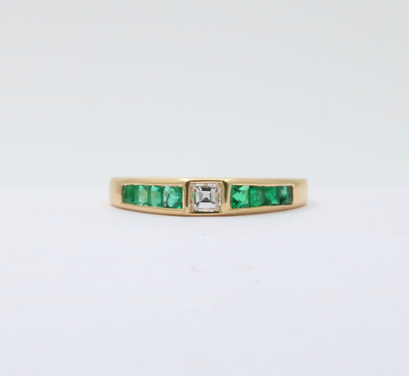 Carre Cut Diamond and Emerald 18K Gold Band, Stacking Ring