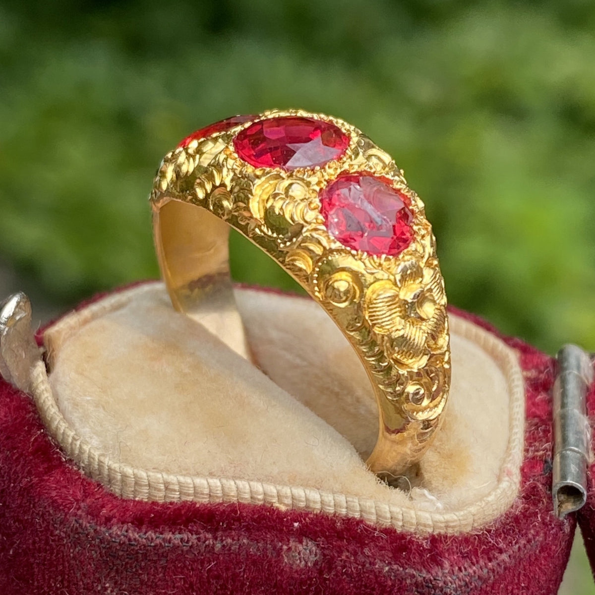 Victorian 14K Gold and Three Stone Paste Heavily Chased Band, Stacking Ring