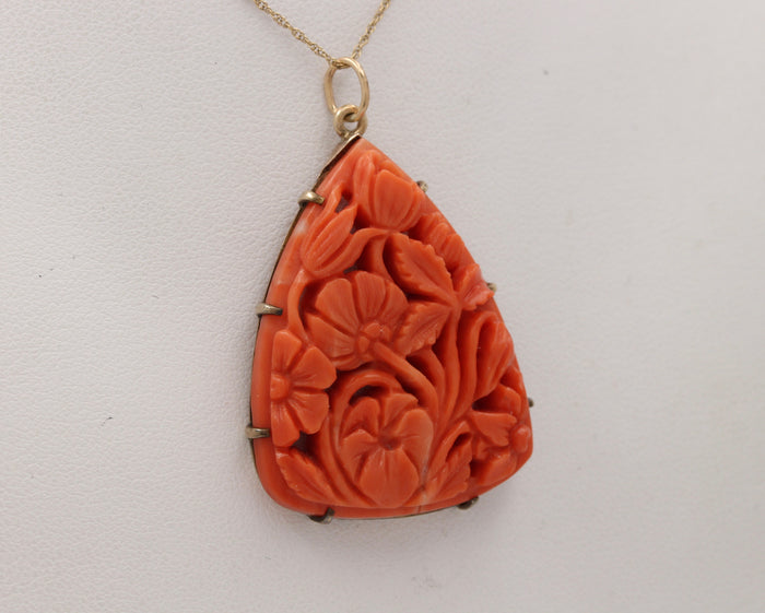 Victorian 9K Gold, Carved Coral Flowers Bouquet Pendant, Antique Charm