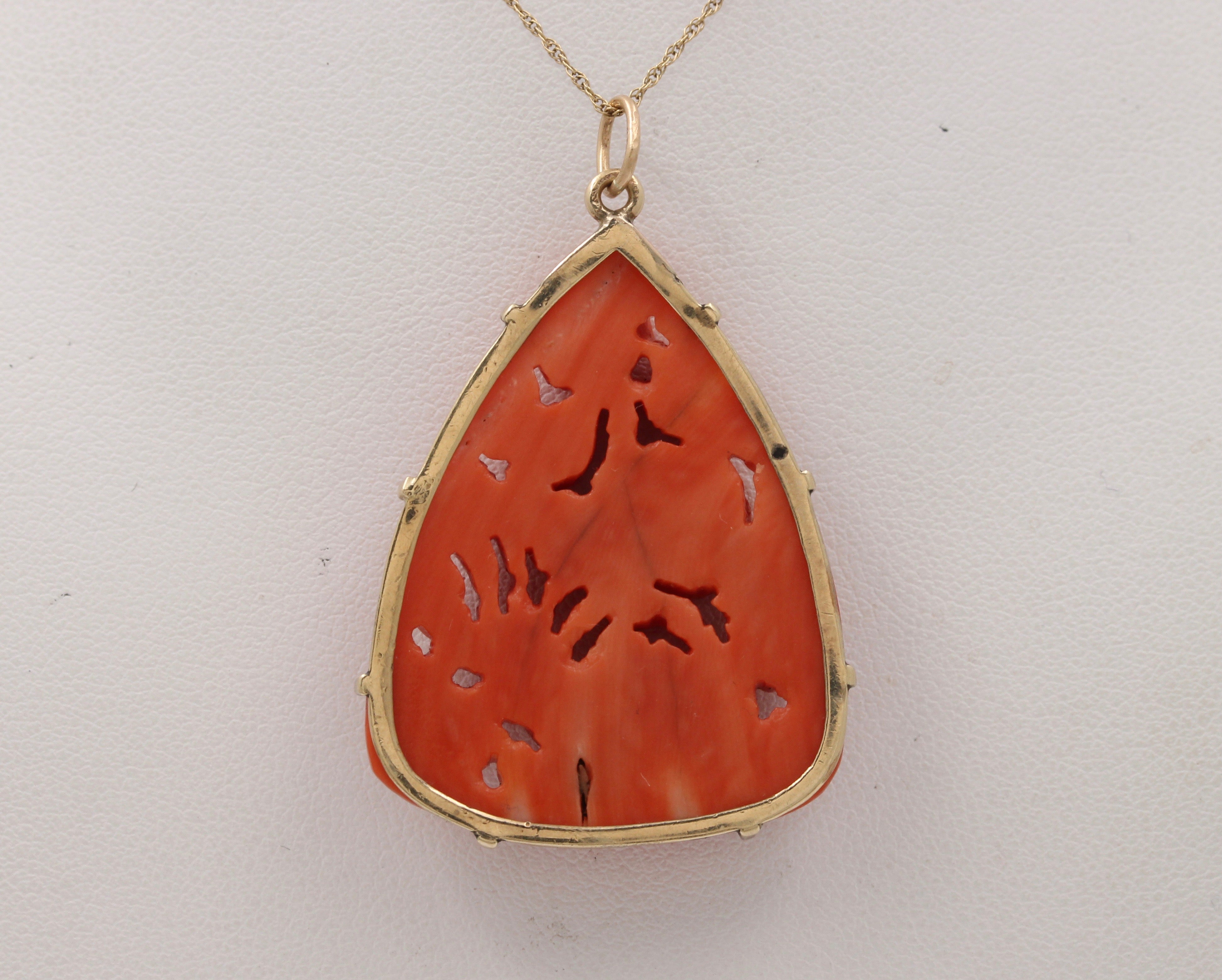 Victorian 9K Gold Carved Coral Flowers Bouquet Pendant Antique Charm Alpha Omega Jewelry
