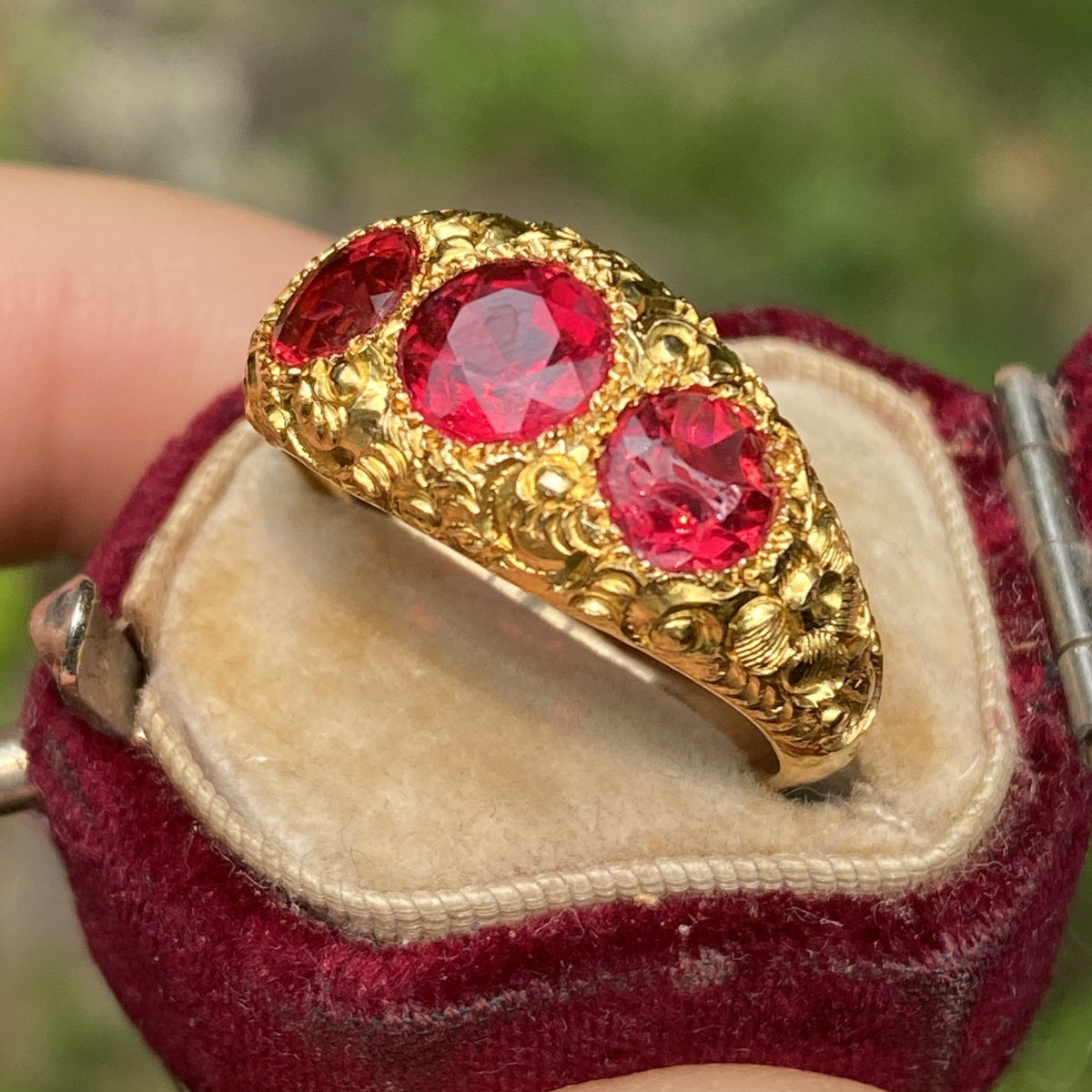 Victorian 14K Gold and Three Stone Paste Heavily Chased Band, Stacking Ring