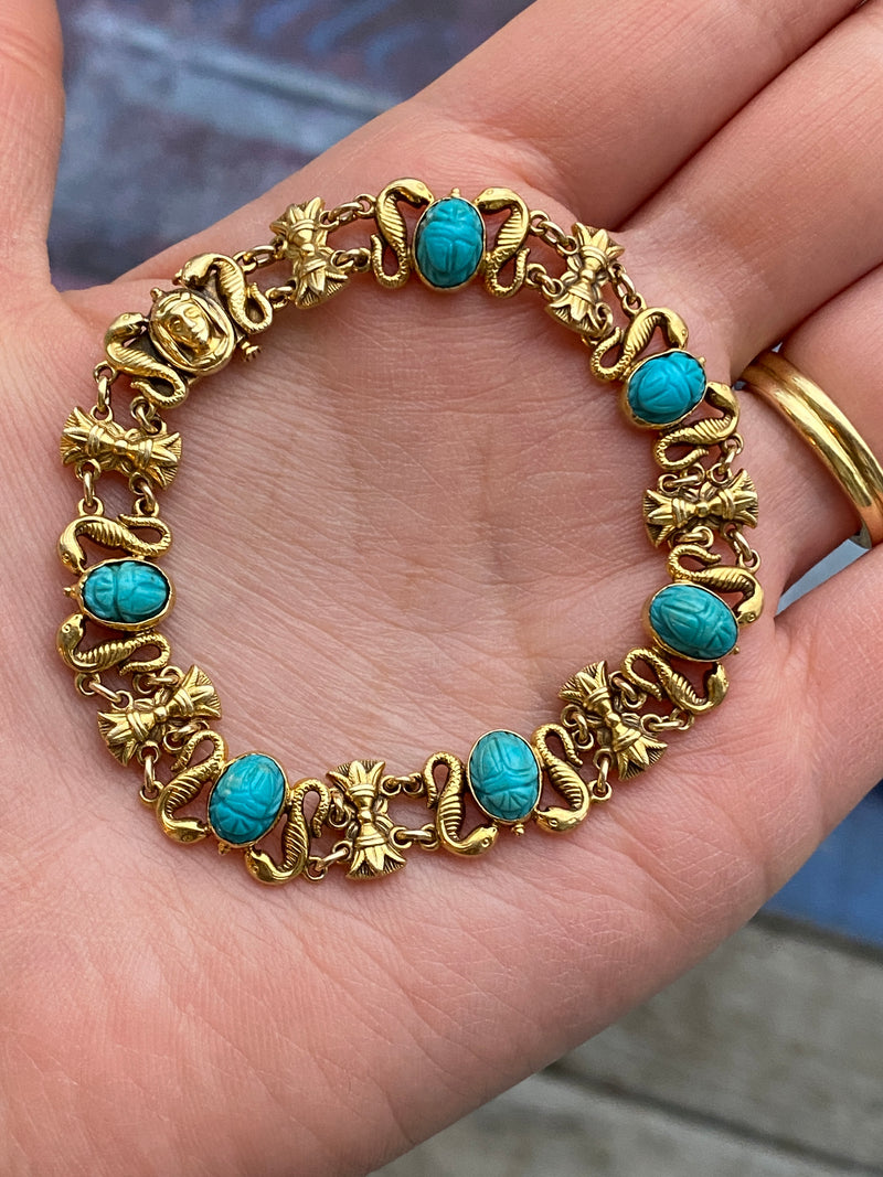Victorian Egyptian Revival Carved Turquoise Scarab and 14K Gold Lotus, Snake Bracelet