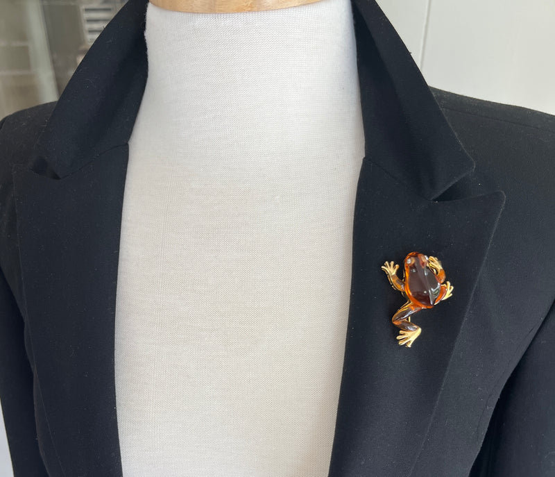 Vintage Carved Citrine, Diamond and 18K Gold Frog Brooch, Pin