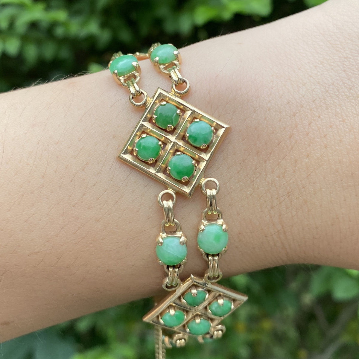 Vintage 14K Gold Link and Green Jade Bohemian Style Stacking Bracelet