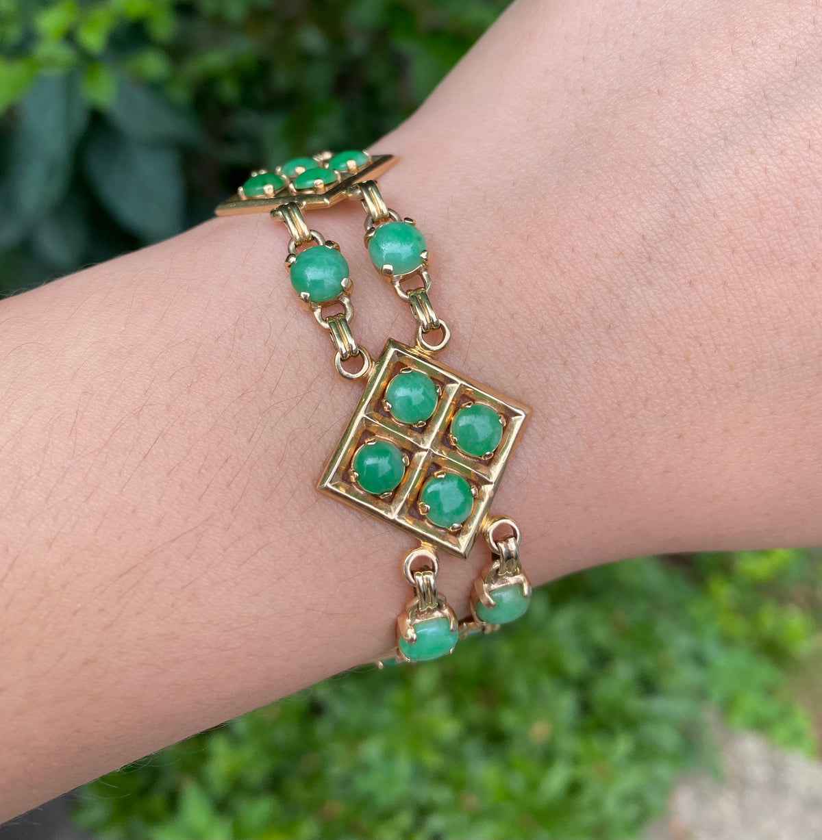 Vintage 14K Gold Link and Green Jade Bohemian Style Stacking Bracelet