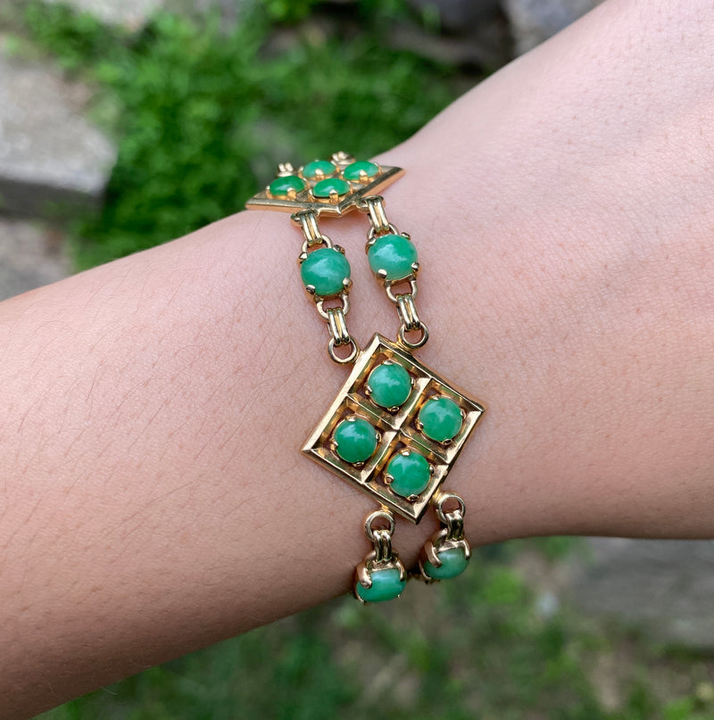 Vintage 14K Gold Link and Green Jade Bohemian Style Stacking Bracelet
