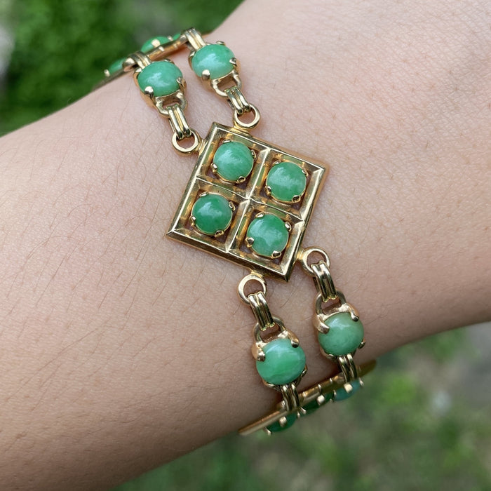 Vintage 14K Gold Link and Green Jade Bohemian Style Stacking Bracelet