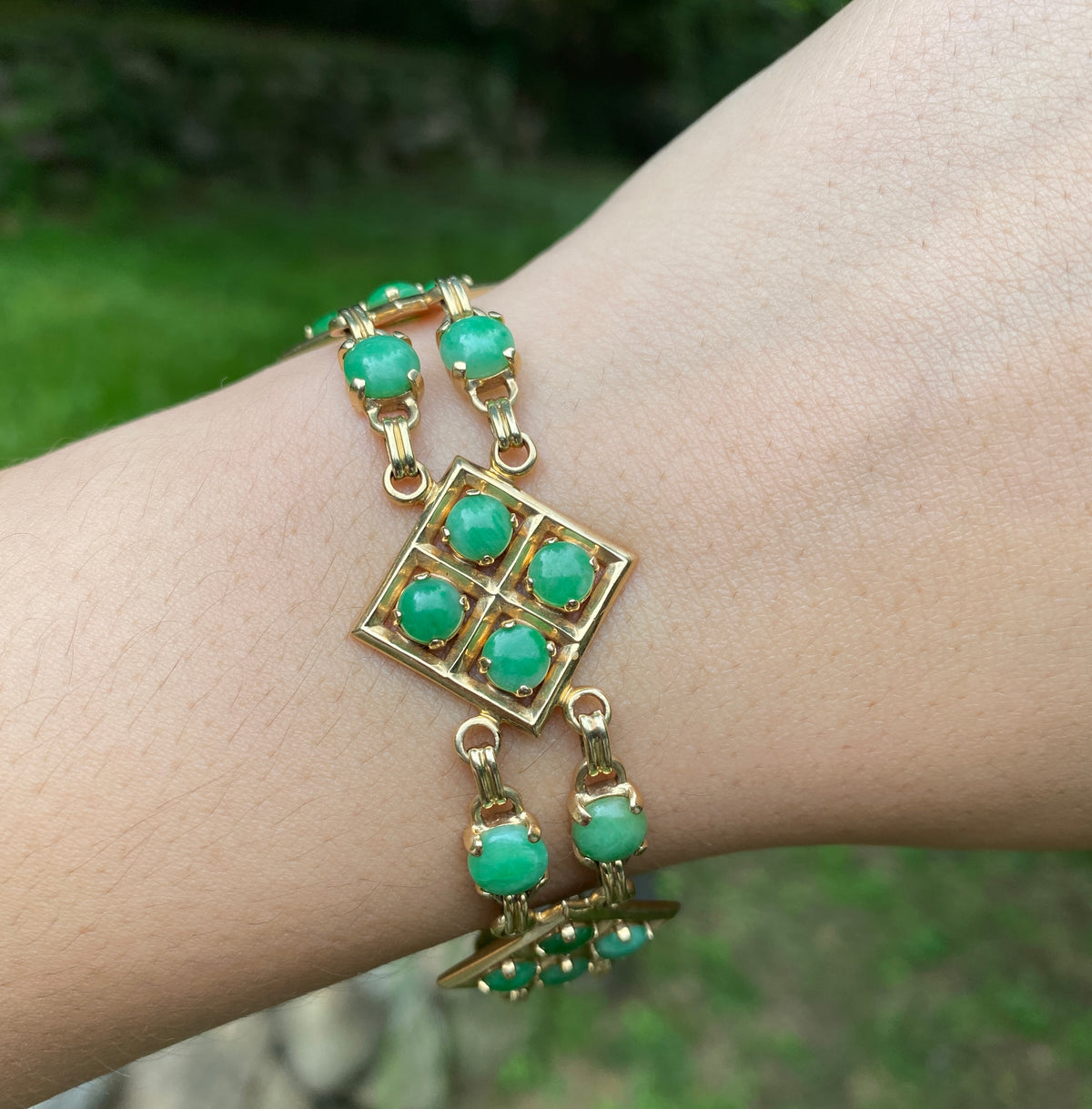 Vintage 14K Gold Link and Green Jade Bohemian Style Stacking Bracelet