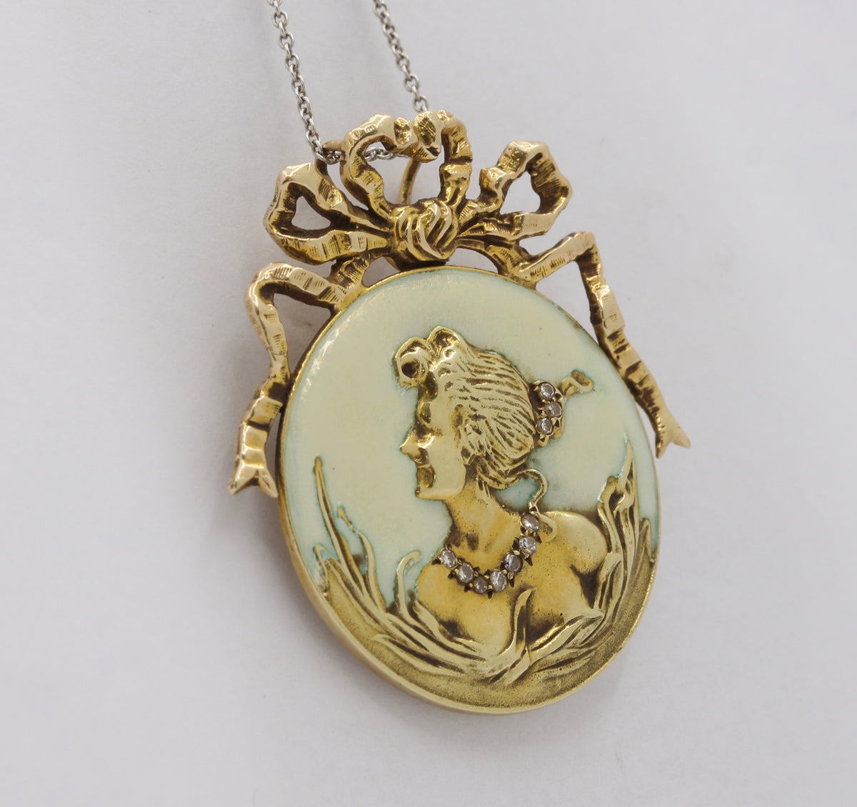 Art Nouveau 14K Gold Diamond Opalescent Enamel Bow Lady Profile Pendant Pin - alpha-omega-jewelry