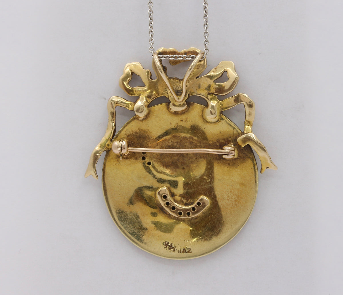 Art Nouveau 14K Gold Diamond Opalescent Enamel Bow Lady Profile Pendant Pin - alpha-omega-jewelry
