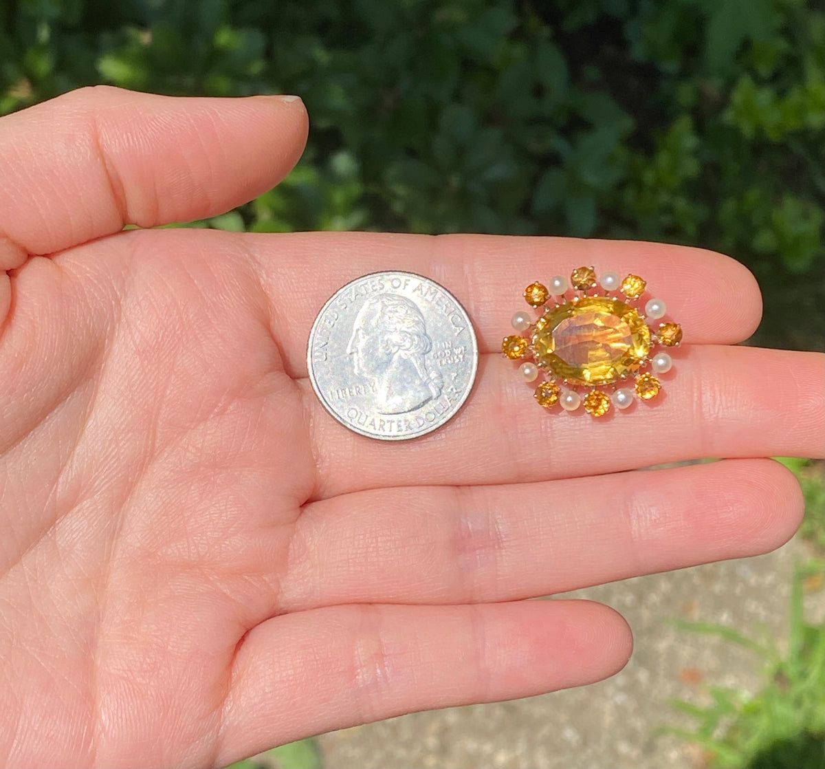 Antique 14K Gold Citrine and Pearl Sunburst Pin, Brooch