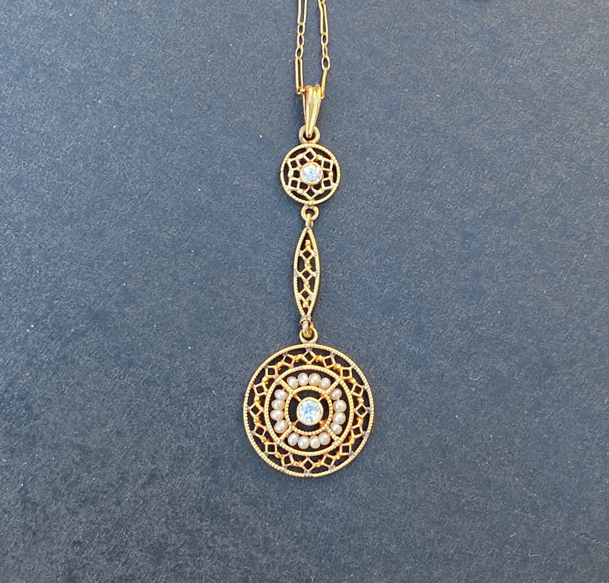 Art Deco 14K Gold Diamond and Pearl Filigree Lavalier Necklace