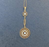 Art Deco 14K Gold Diamond and Pearl Filigree Lavalier Necklace