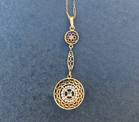 Art Deco 14K Gold Diamond and Pearl Filigree Lavalier Necklace