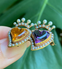 Victorian 15K Gold Citrine and Amethyst Witches' Heart Pin