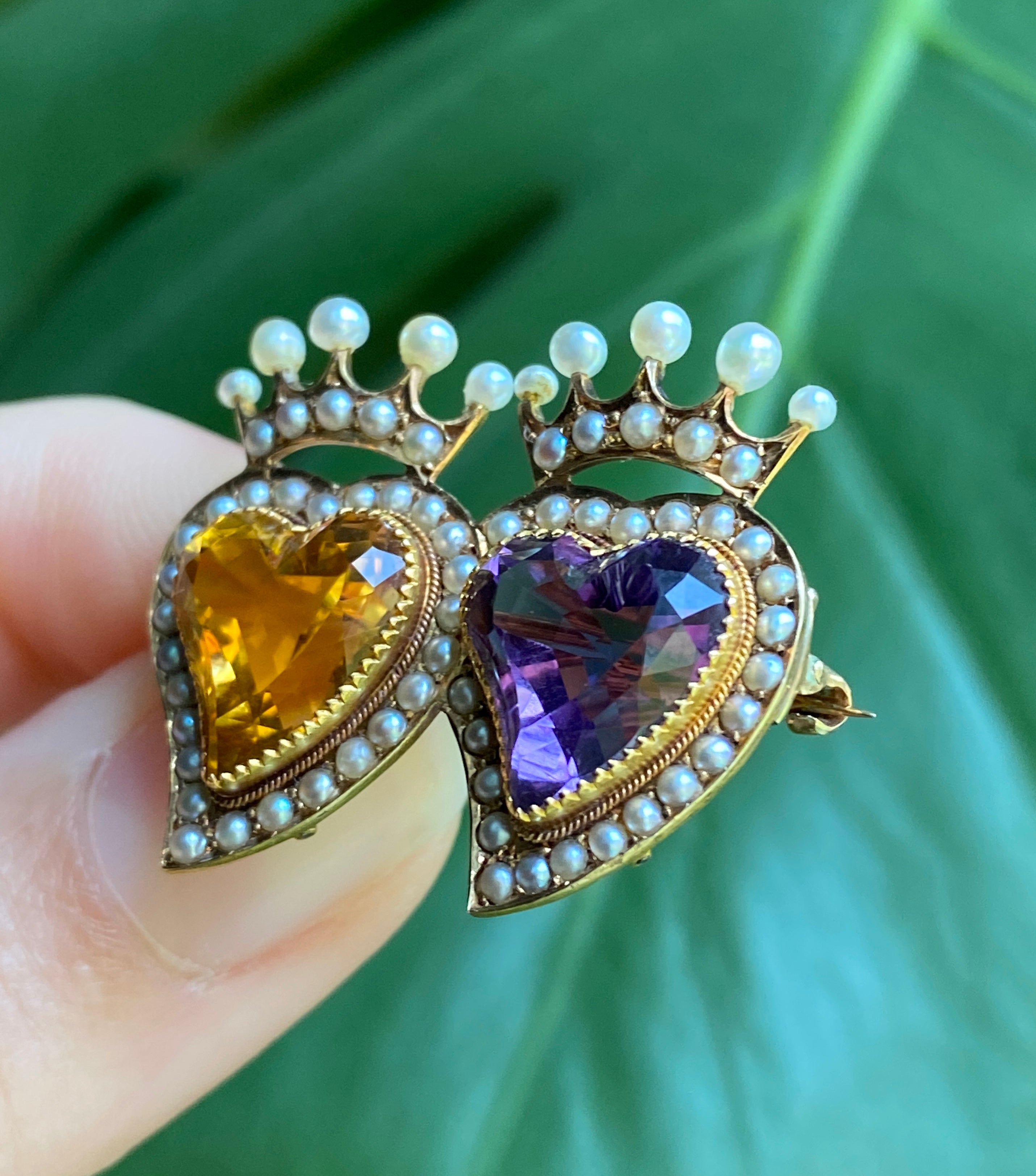Victorian 15K Gold Citrine and Amethyst Witches' Heart Pin – Alpha