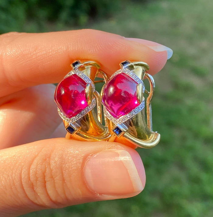 Large Vintage 18K Gold, Diamond and Synthetic Pink Sapphire Huggie Clip Earrings