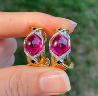 Large Vintage 18K Gold, Diamond and Synthetic Pink Sapphire Huggie Clip Earrings