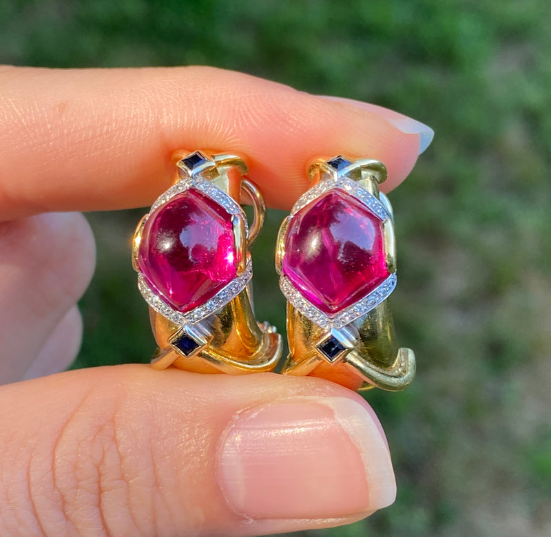 Large Vintage 18K Gold, Diamond and Synthetic Pink Sapphire Huggie Clip Earrings