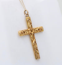 Large Art Nouveau 14K Gold Cross Pendant with Lilies