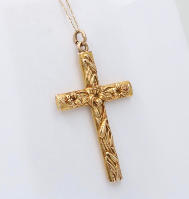 Large Art Nouveau 14K Gold Cross Pendant with Lilies