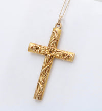 Large Art Nouveau 14K Gold Cross Pendant with Lilies