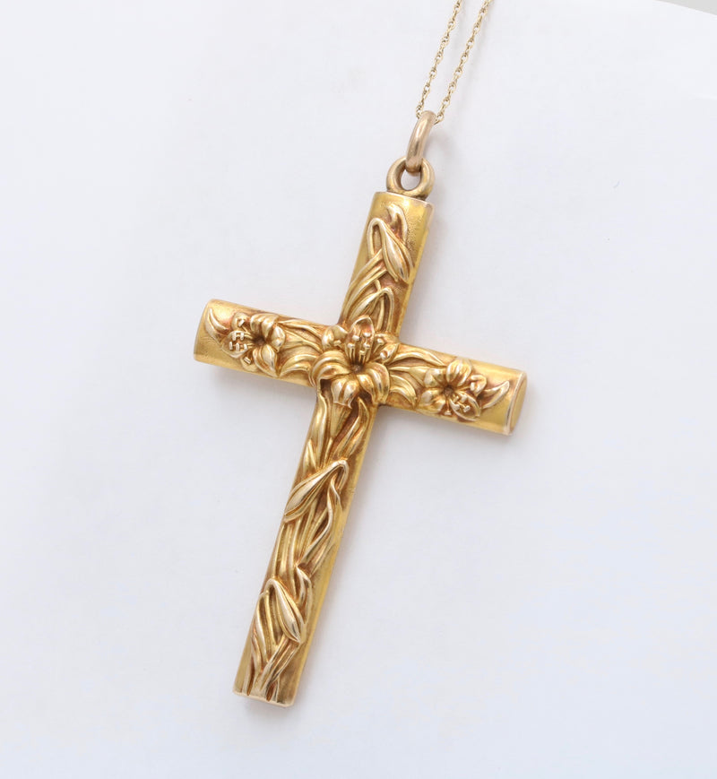 Large Art Nouveau 14K Gold Cross Pendant with Lilies
