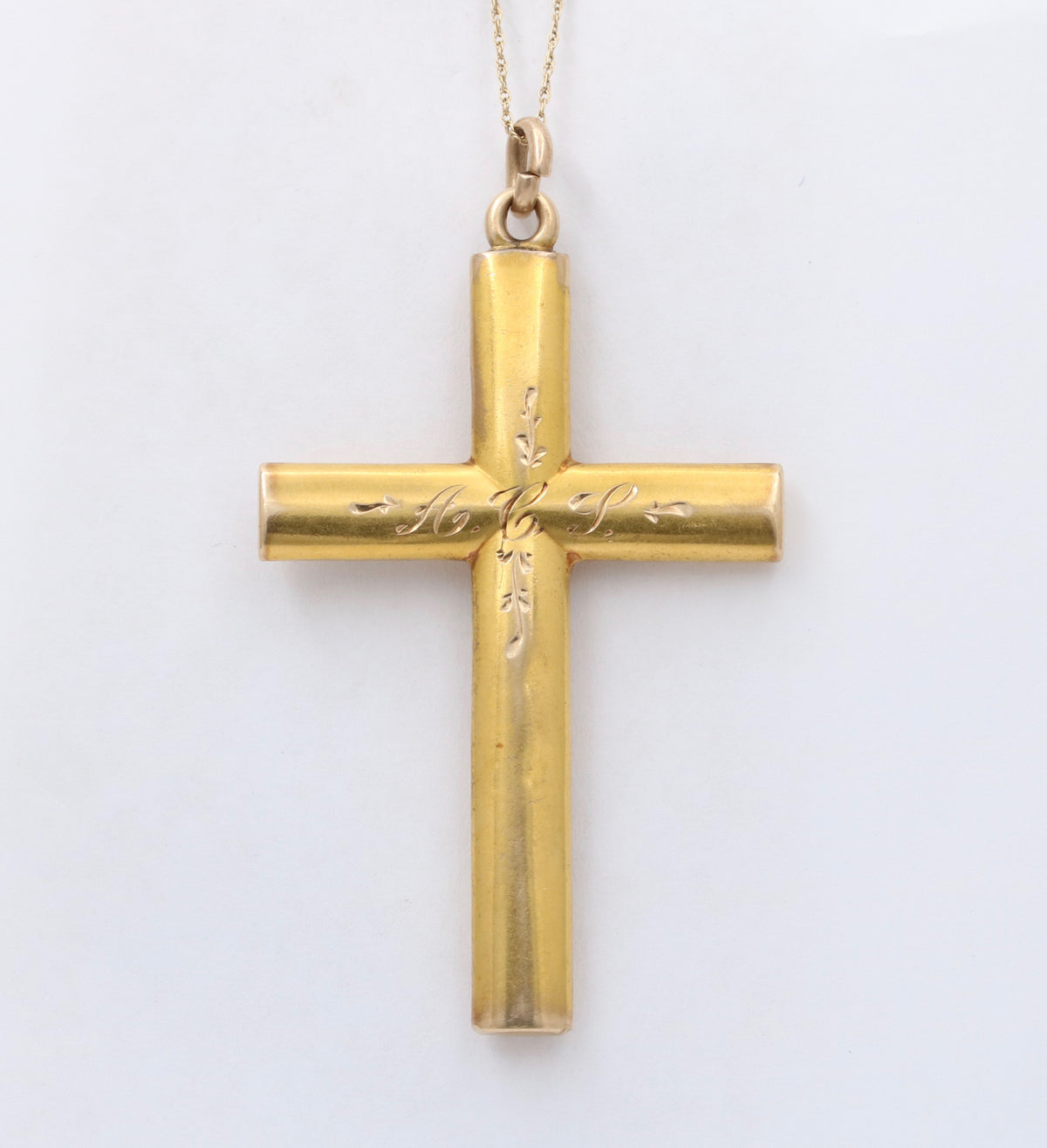 Large Art Nouveau 14K Gold Cross Pendant with Lilies