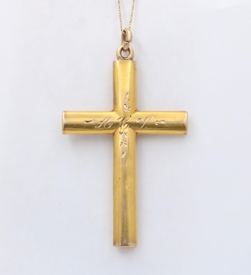 Large Art Nouveau 14K Gold Cross Pendant with Lilies
