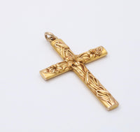 Large Art Nouveau 14K Gold Cross Pendant with Lilies