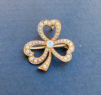 Edwardian 14K Gold, Diamond and Split Pearl Clover Shamrock Pendant, Pin