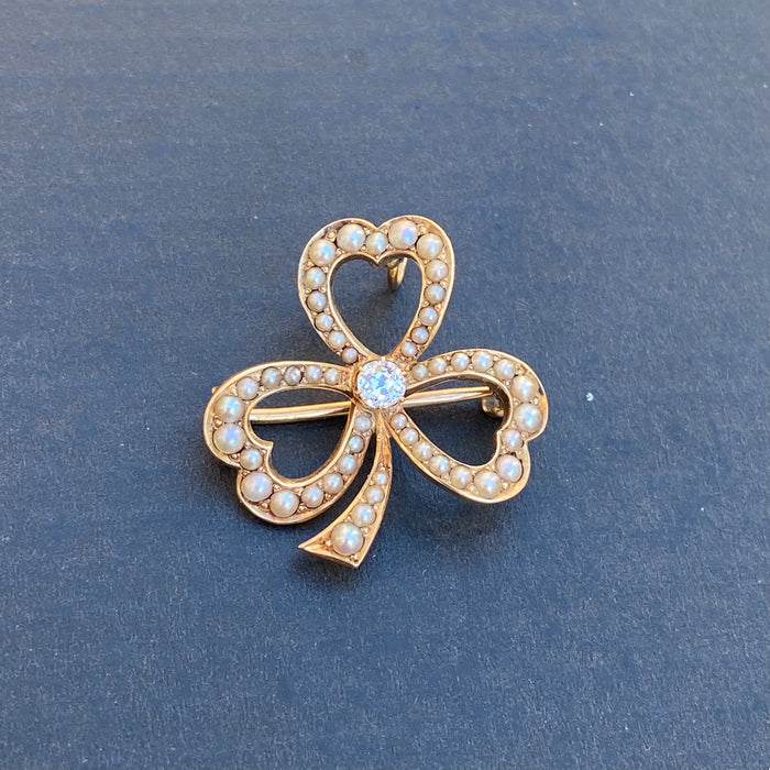 Edwardian 14K Gold, Diamond and Split Pearl Clover Shamrock Pendant, Pin