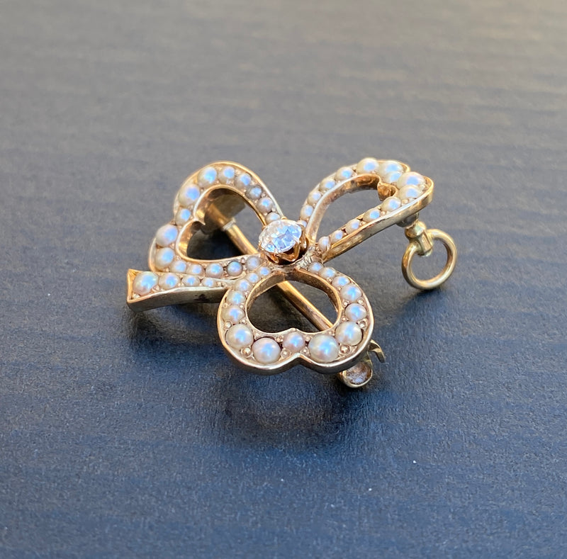Edwardian 14K Gold, Diamond and Split Pearl Clover Shamrock Pendant, Pin