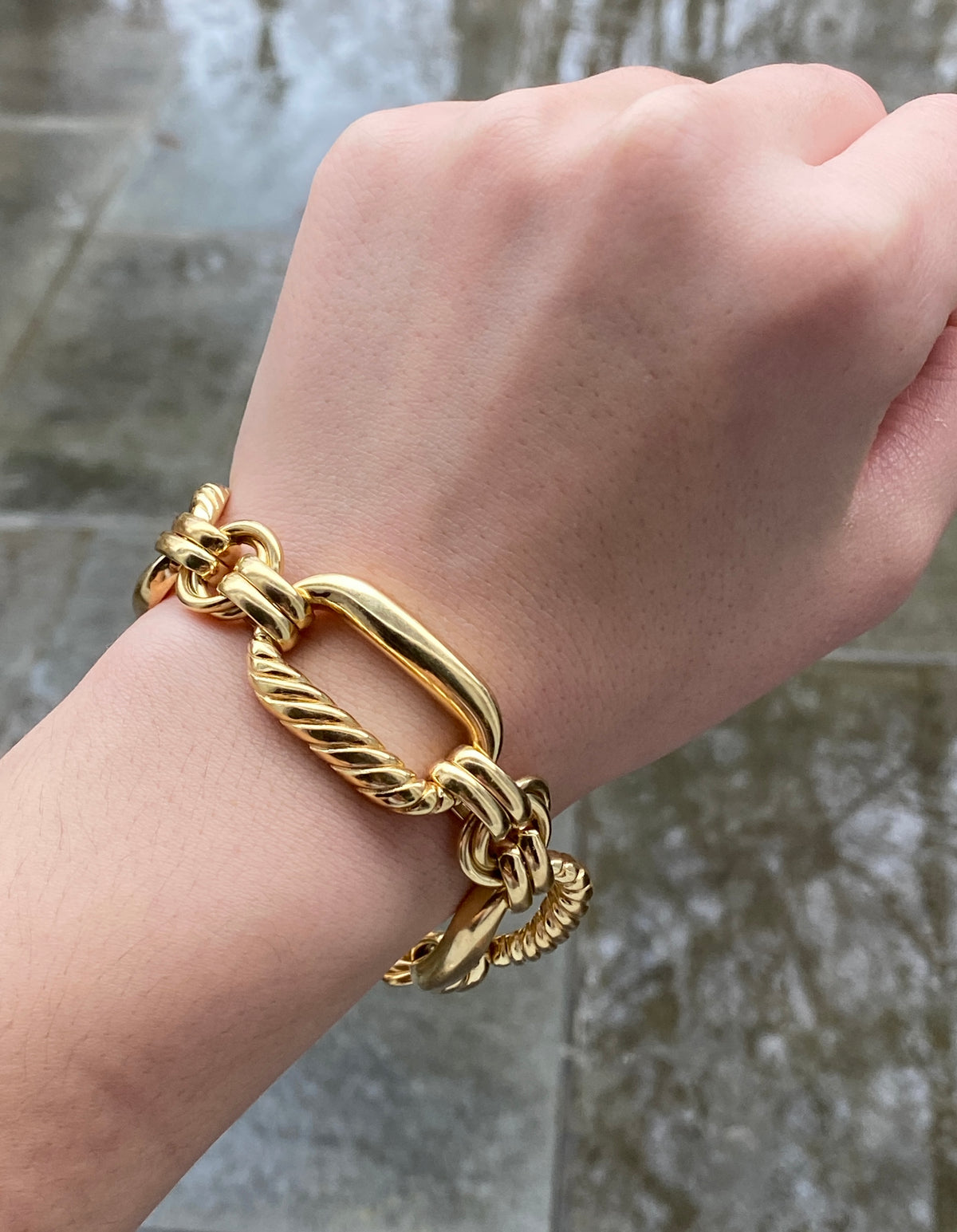 Vintage 18K Gold Twist Open Link Bracelet, 8” Long