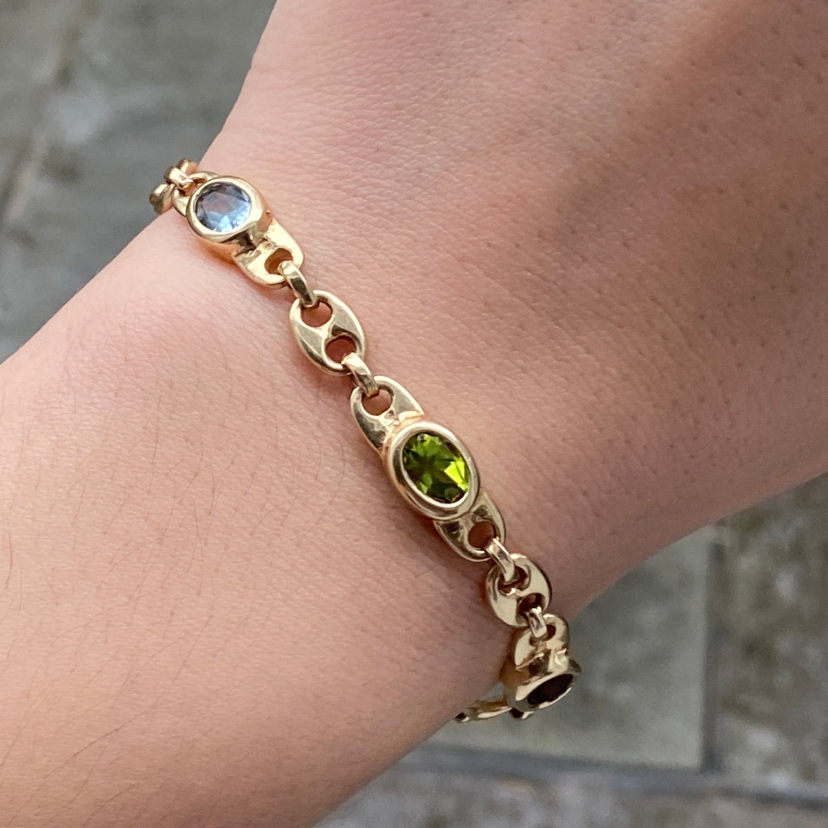Vintage Multicolor Gemstone and 14K Gold Mariner Link Bracelet